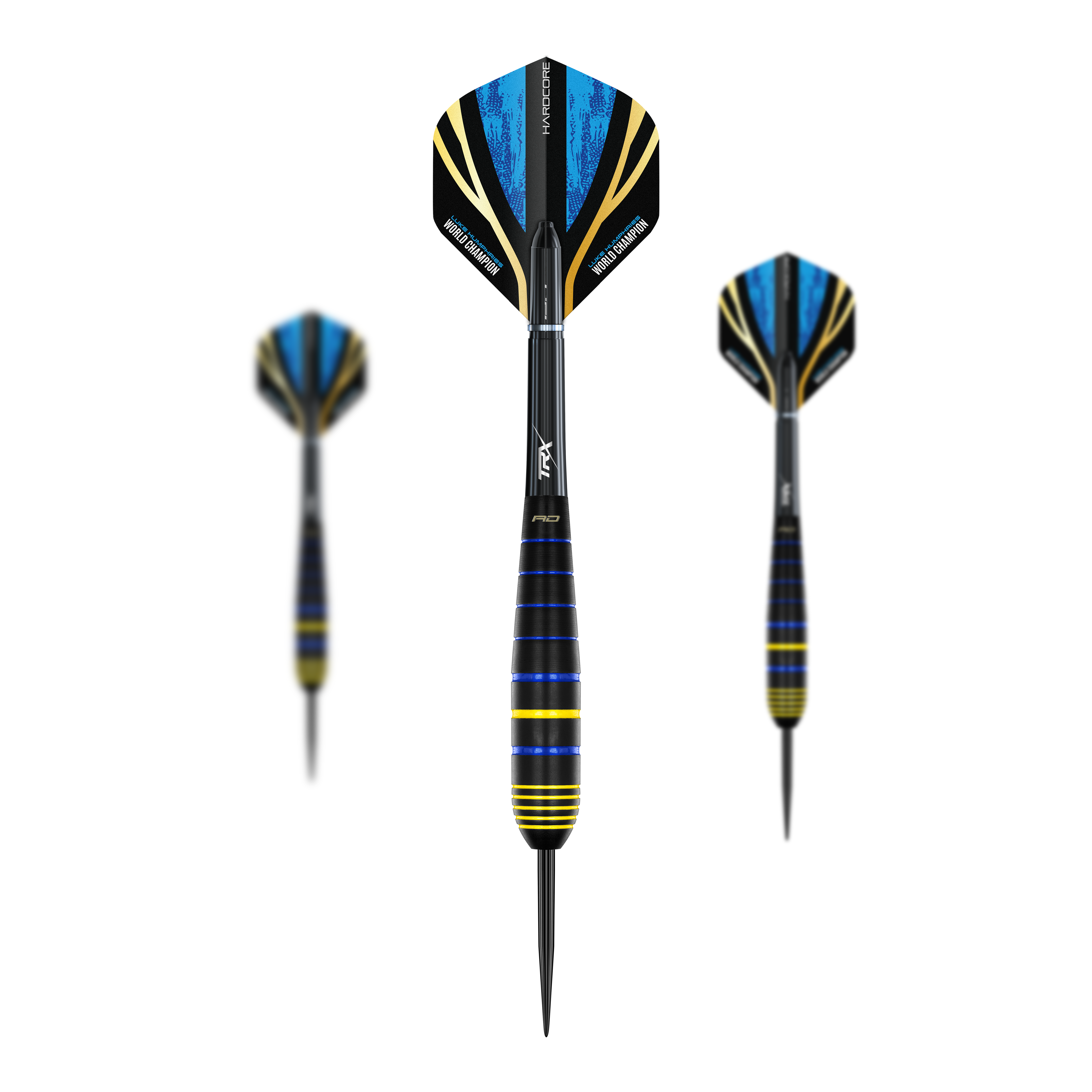 Das Bild zeigt drei Luke Humphries World Champion Brass Steeldarts von Red Dragon. Die Darts haben schwarze, blaue und gelbe Akzente sowie auffällige Flights mit blauem Muster.